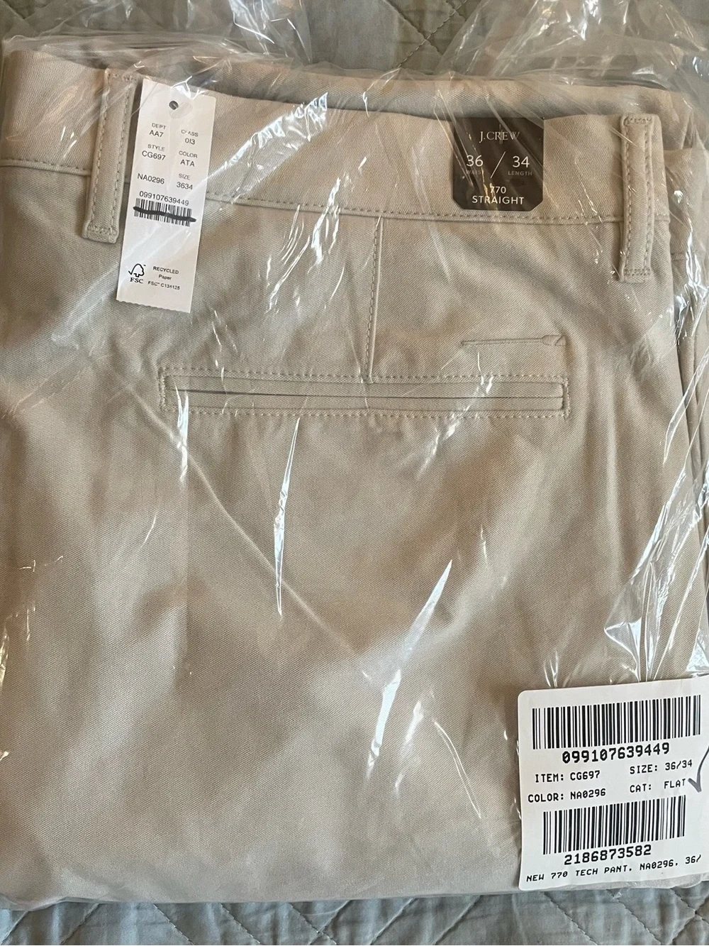 J.CREW 770 Straight-fit tech pant in Ashen Taupe Size 36 NWT $128 CH697